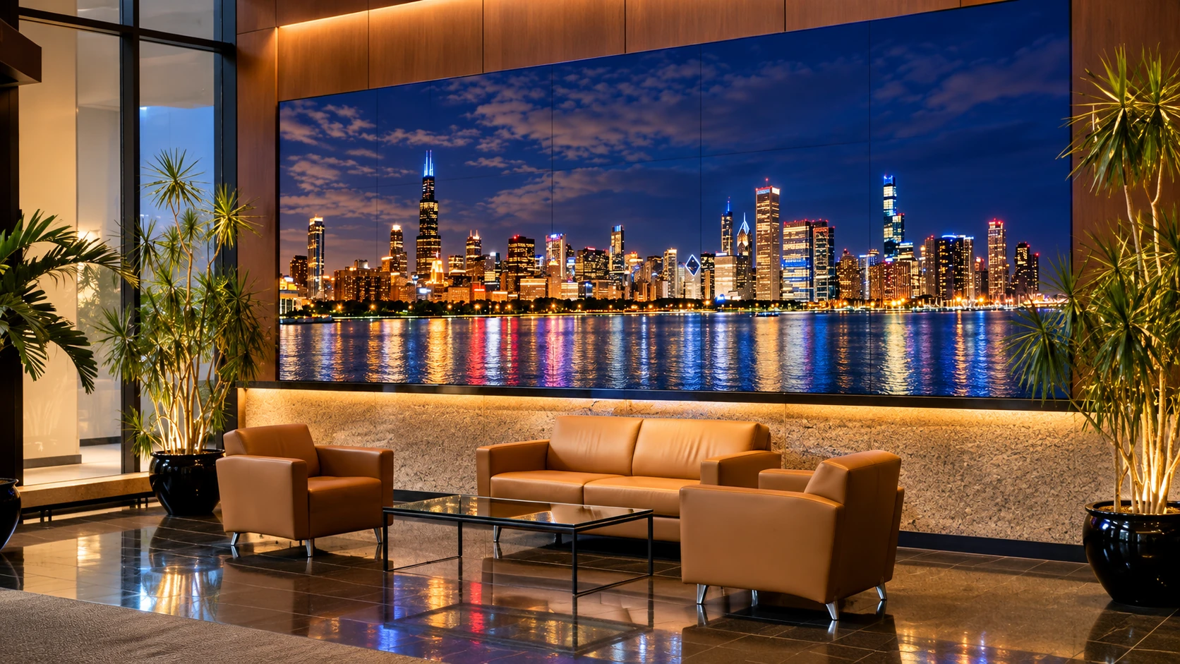 Warm office lobby with seating and an integrated video wall displaying the Chicago skyline at night